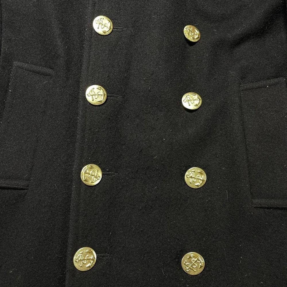 Vintage USN Coat Mens 40 Black Wool Double Breasted Anchor Buttons Overcoat USA